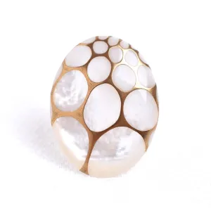 Maki-e Urushi Lacquer Brooch - White South Sea Pearl Shell / Thread Pattern  -, Traditional Japanese Urushi Lacquer Jewelry
