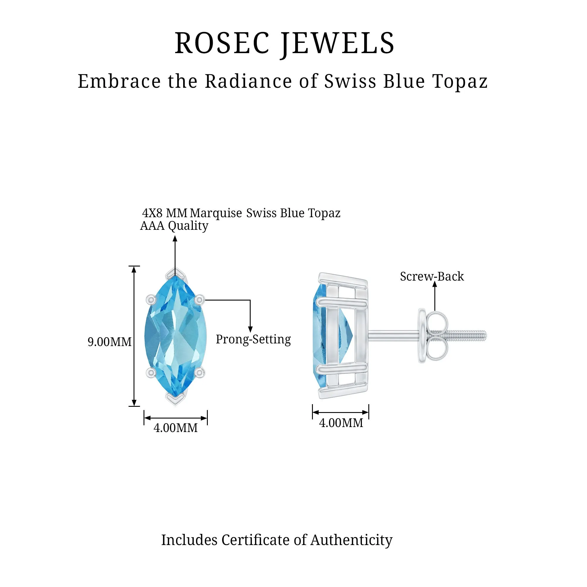 Marquise Cut Swiss Blue Topaz Solitaire Stud Earrings
