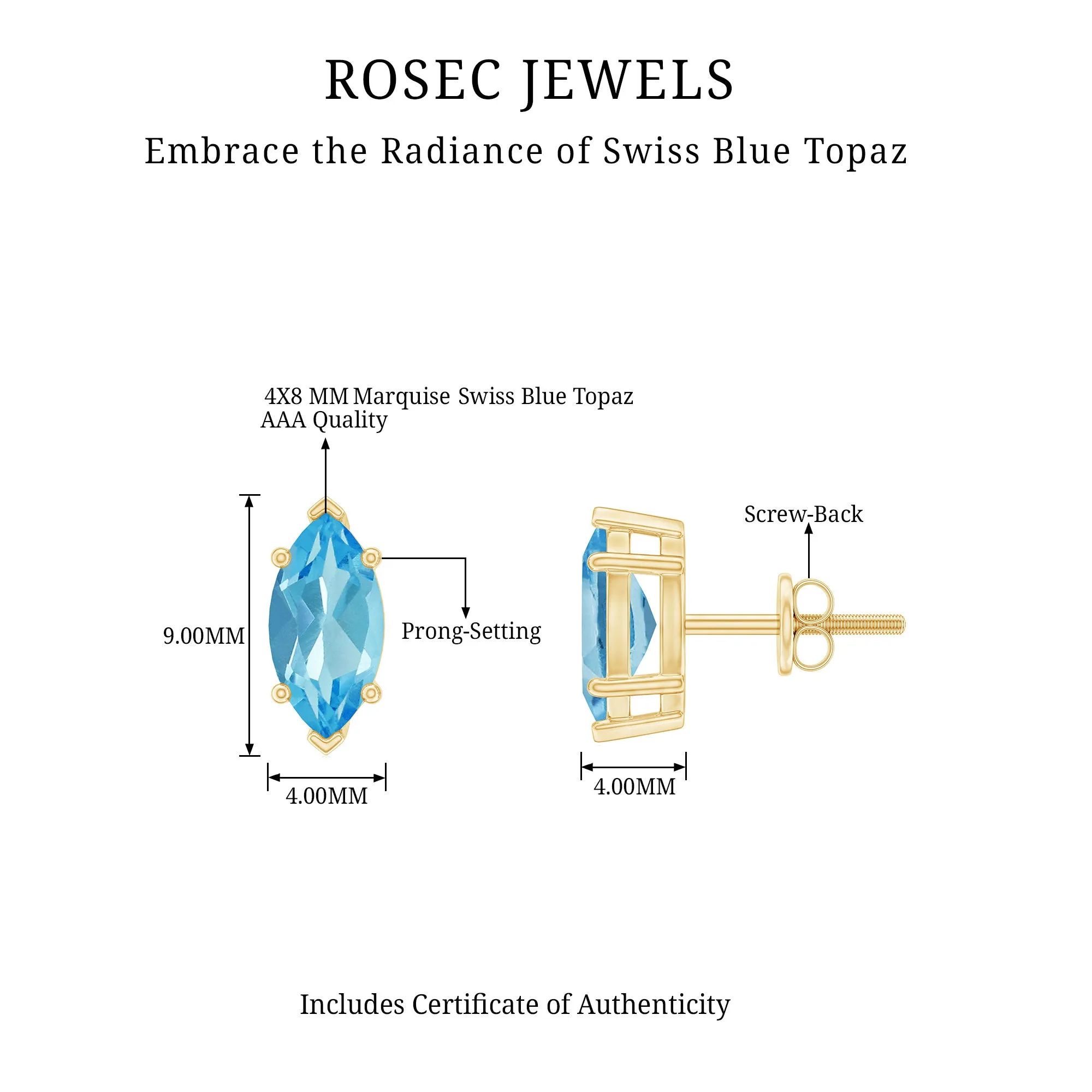 Marquise Cut Swiss Blue Topaz Solitaire Stud Earrings