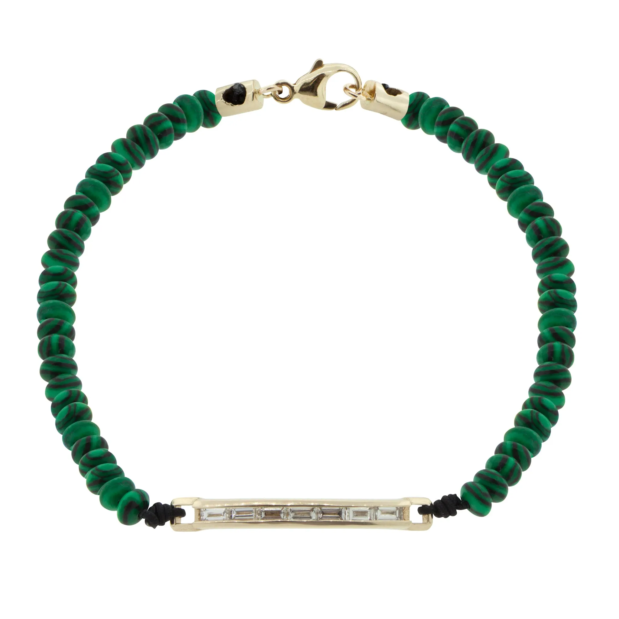 Medium White Diamond ID Bar On a Malachite Beaded Bracelet With Clasp