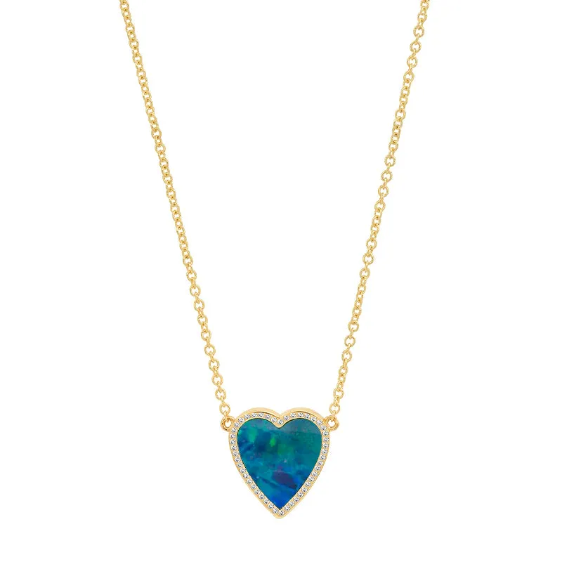 Mini Blue Boulder Opal Inlay Heart Necklace with Diamonds