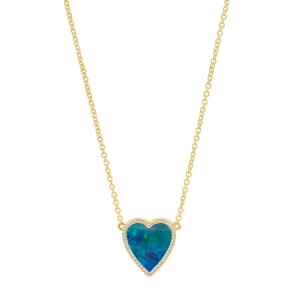 Mini Blue Boulder Opal Inlay Heart Necklace with Diamonds