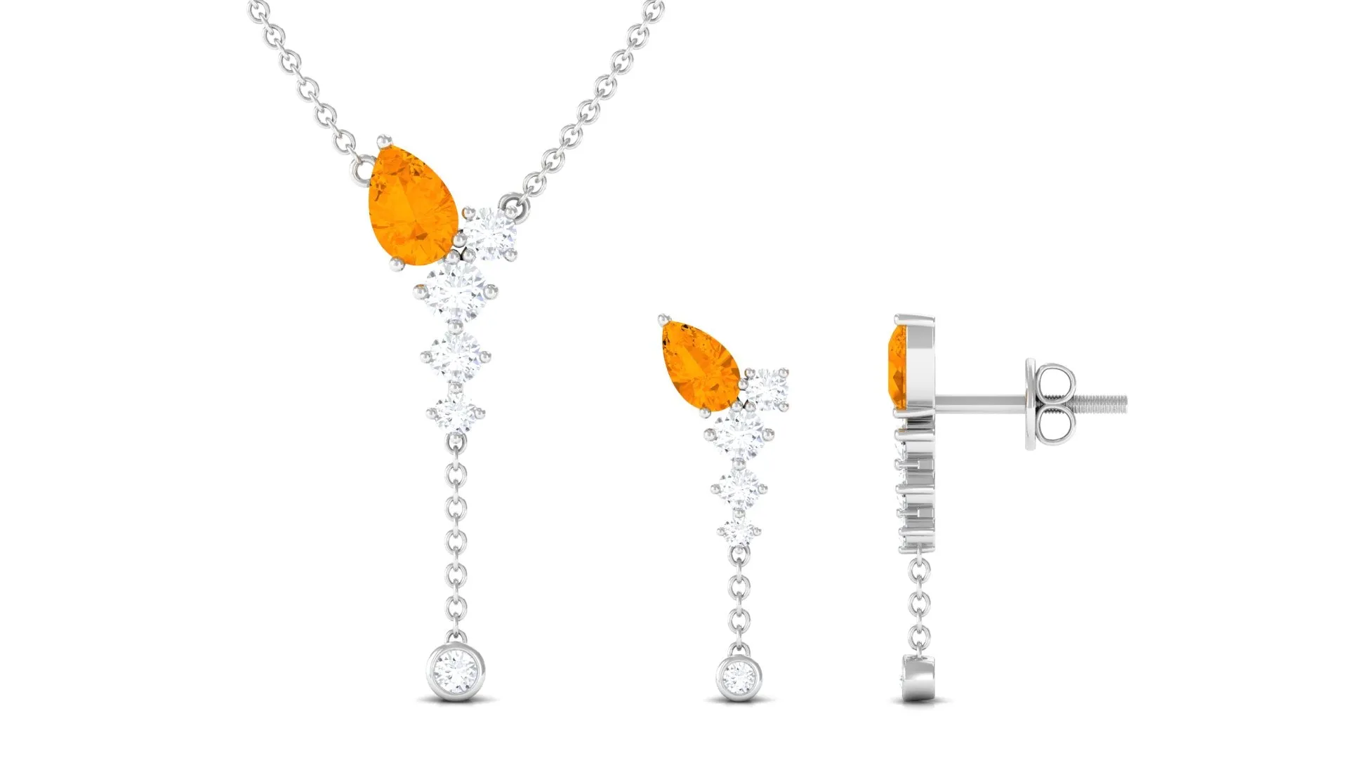 Minimal Fire Opal Dangle Necklace and Earrings Set in Gold with Moissanite