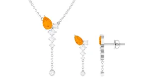 Minimal Fire Opal Dangle Necklace and Earrings Set in Gold with Moissanite