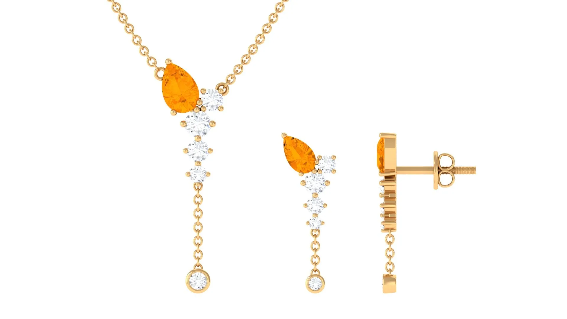 Minimal Fire Opal Dangle Necklace and Earrings Set in Gold with Moissanite