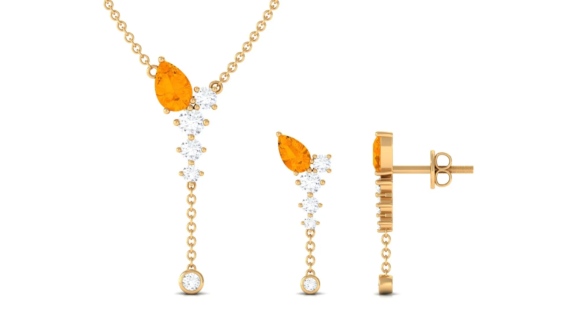 Minimal Fire Opal Dangle Necklace and Earrings Set in Gold with Moissanite