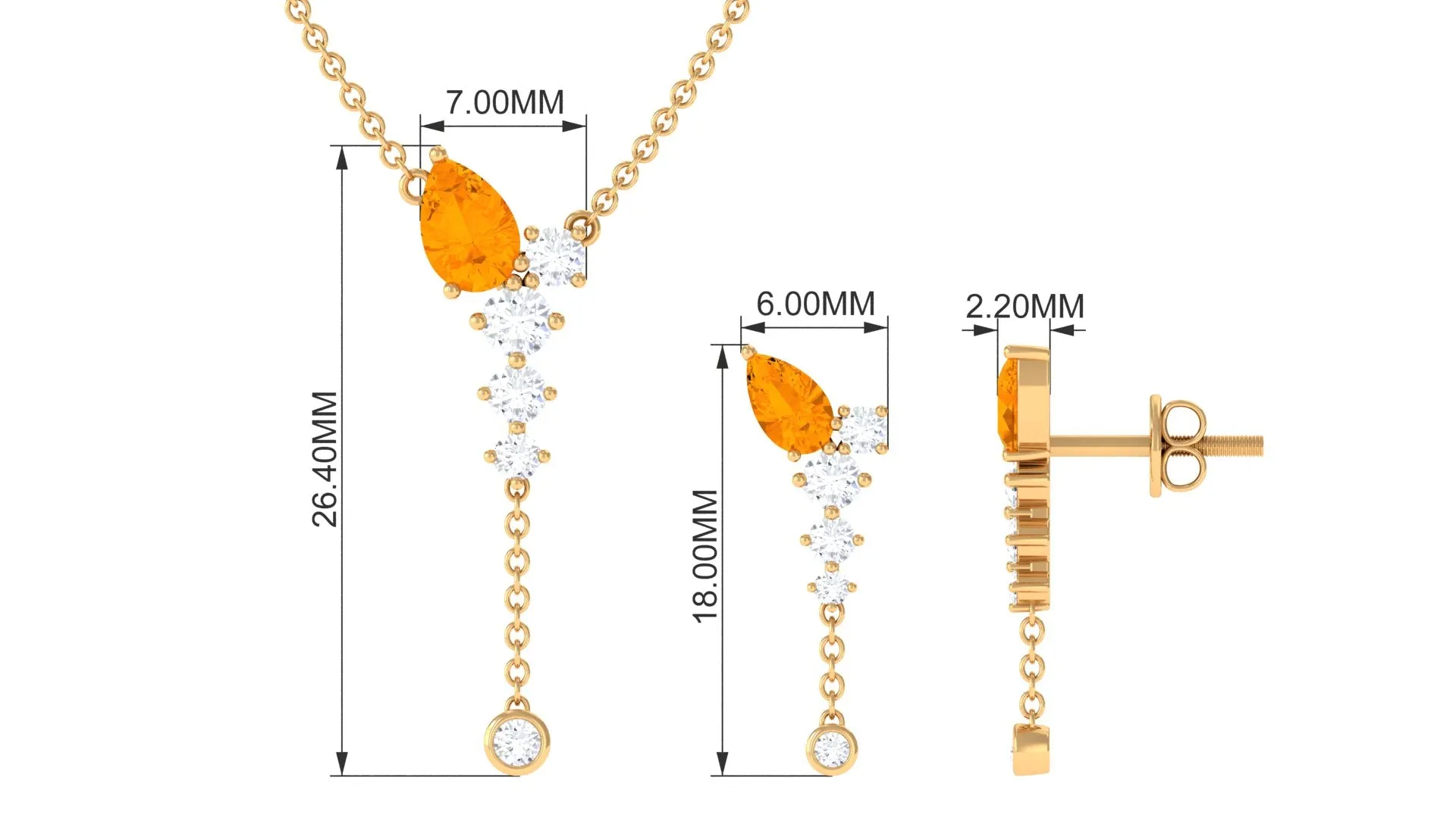 Minimal Fire Opal Dangle Necklace and Earrings Set in Gold with Moissanite