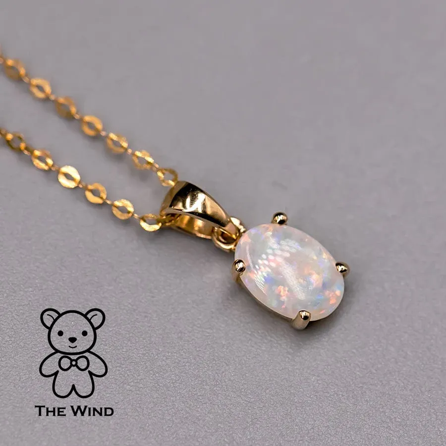 Minimal Oval Shaped Australian Solid Opal Pendant Necklace 14k Yellow Gold Charm Gift for Couples