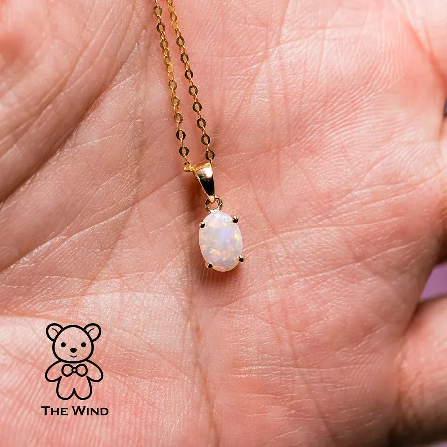 Minimal Oval Shaped Australian Solid Opal Pendant Necklace 14k Yellow Gold Charm Gift for Couples