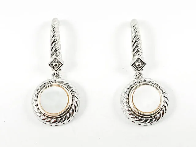 Modern Wire Textured Round Shape Dangle Center Mother Of Pearl Stone Brass Earrings