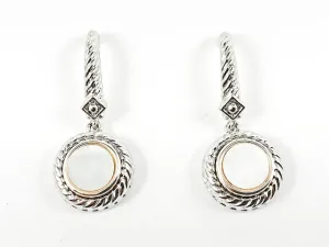 Modern Wire Textured Round Shape Dangle Center Mother Of Pearl Stone Brass Earrings