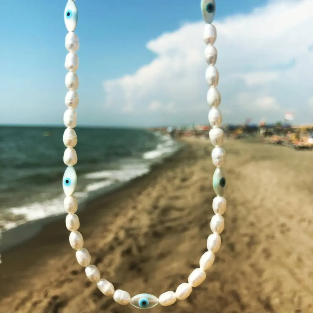 Mother of Pearl Evil Eye Charm Freshwater Pearl Choker