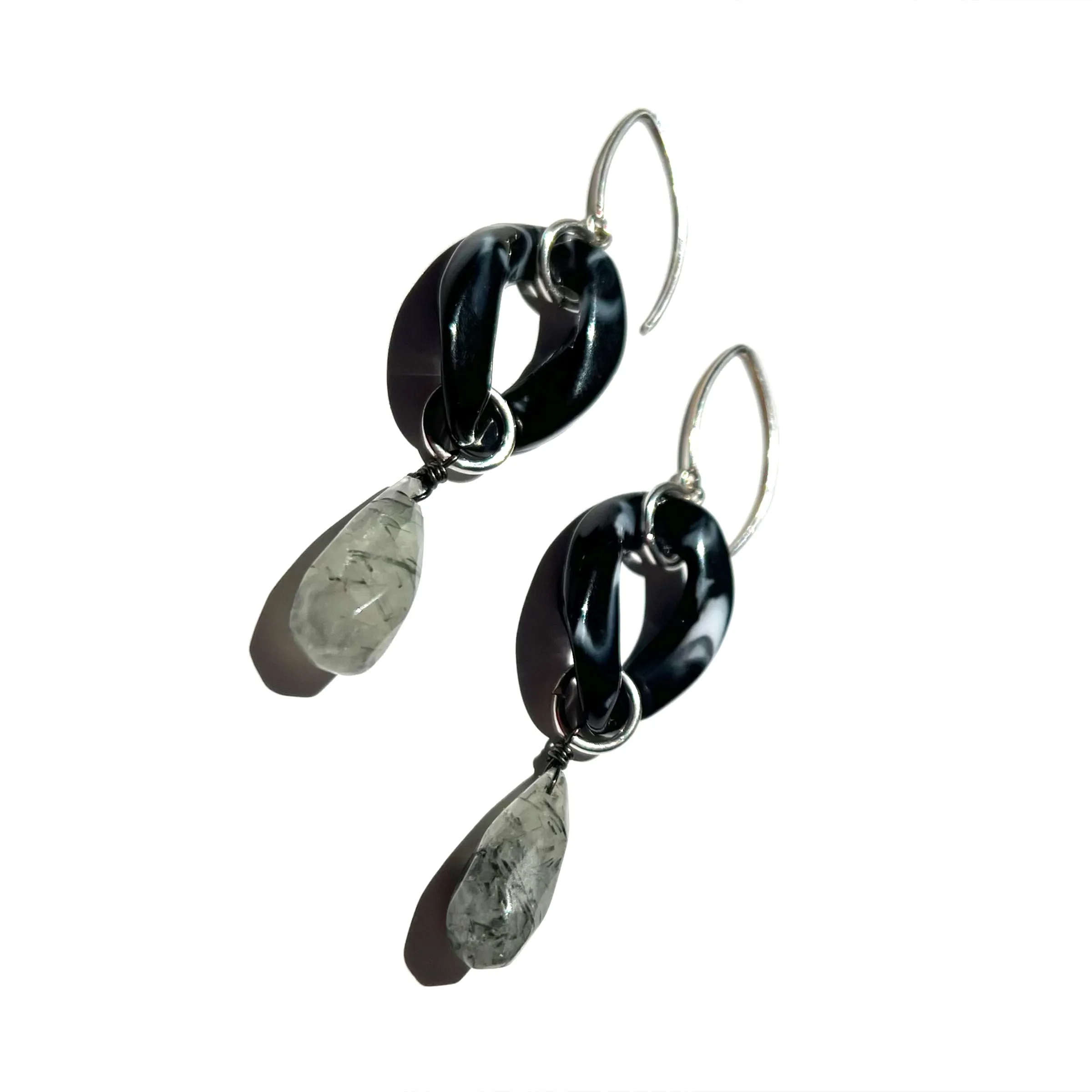 MPR x THE IMAGINARIUM: Black Marble Single Drop with Tourmalinated Quartz and Silver Hooks