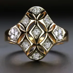 NATURAL DIAMOND COCKTAIL RING 14k YELLOW GOLD CLUSTER NAVETTE ESTATE JEWELRY