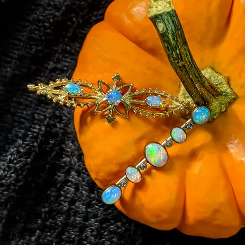 NATURAL OPAL VINTAGE STICK PIN PENDANT YELLOW GOLD BAR NECKLACE FLORAL ESTATE