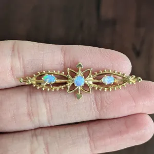 NATURAL OPAL VINTAGE STICK PIN PENDANT YELLOW GOLD BAR NECKLACE FLORAL ESTATE