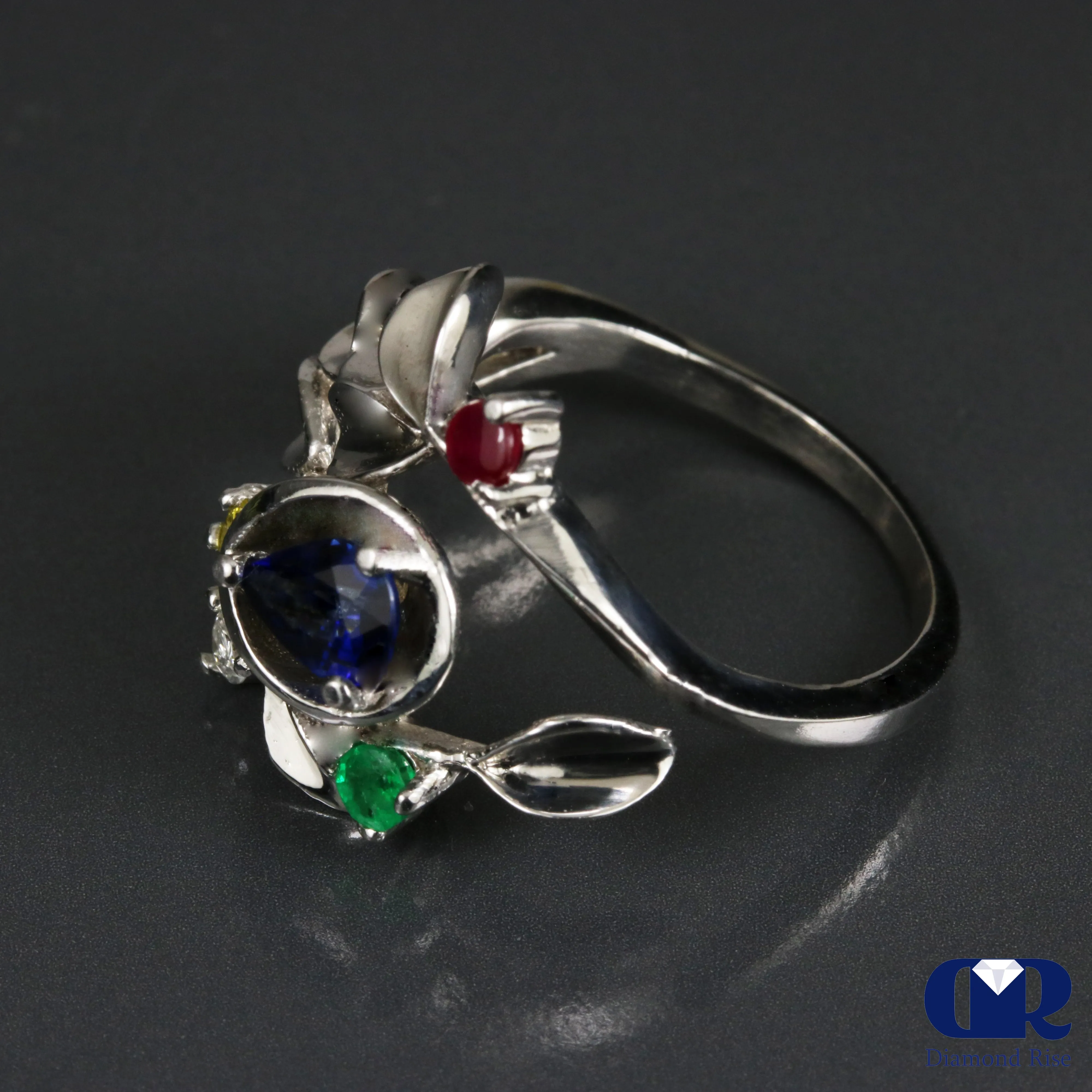 Natural Sapphire Diamond and Gemstone Cocktail Ring Right Hand Ring 14K Gold