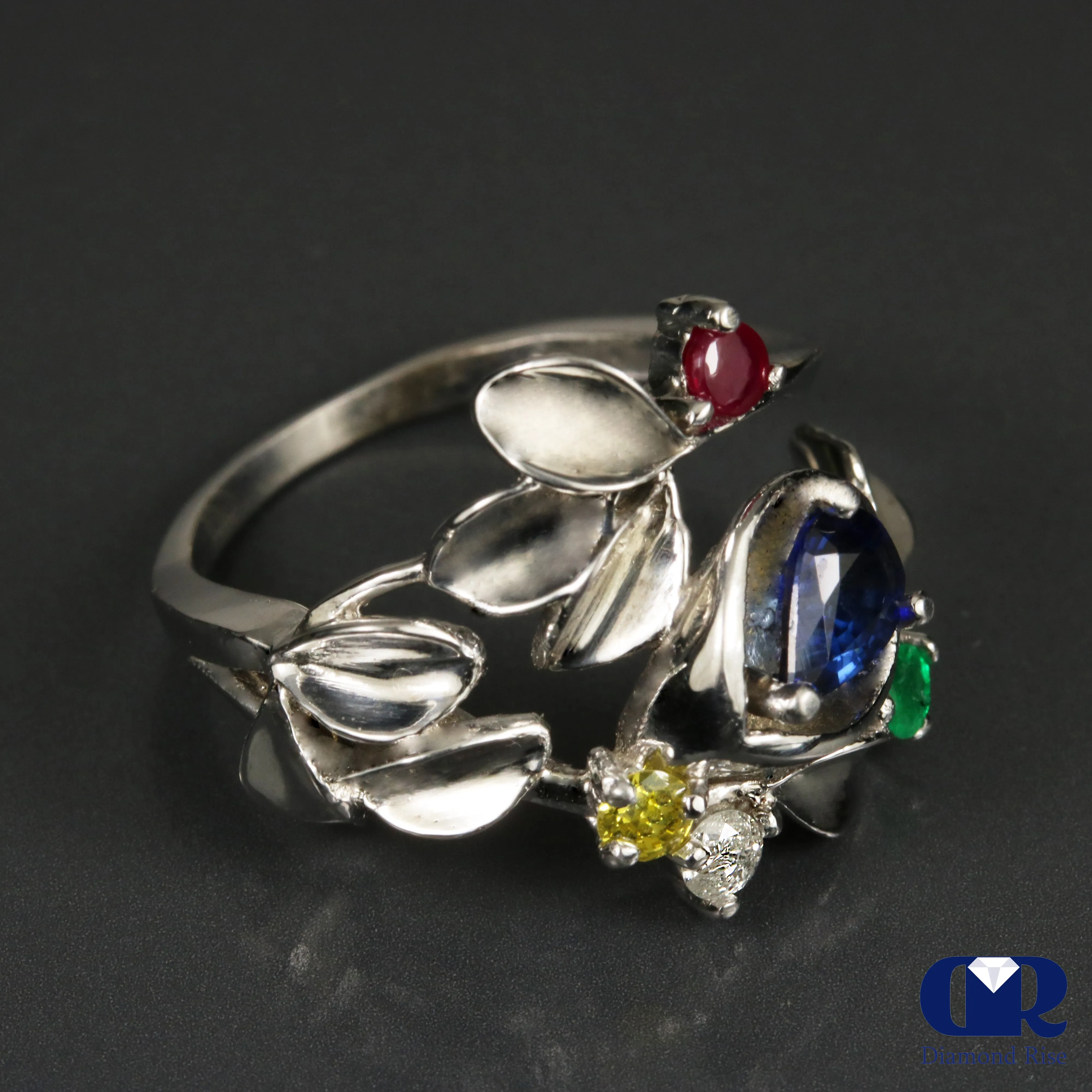 Natural Sapphire Diamond and Gemstone Cocktail Ring Right Hand Ring 14K Gold