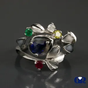 Natural Sapphire Diamond and Gemstone Cocktail Ring Right Hand Ring 14K Gold