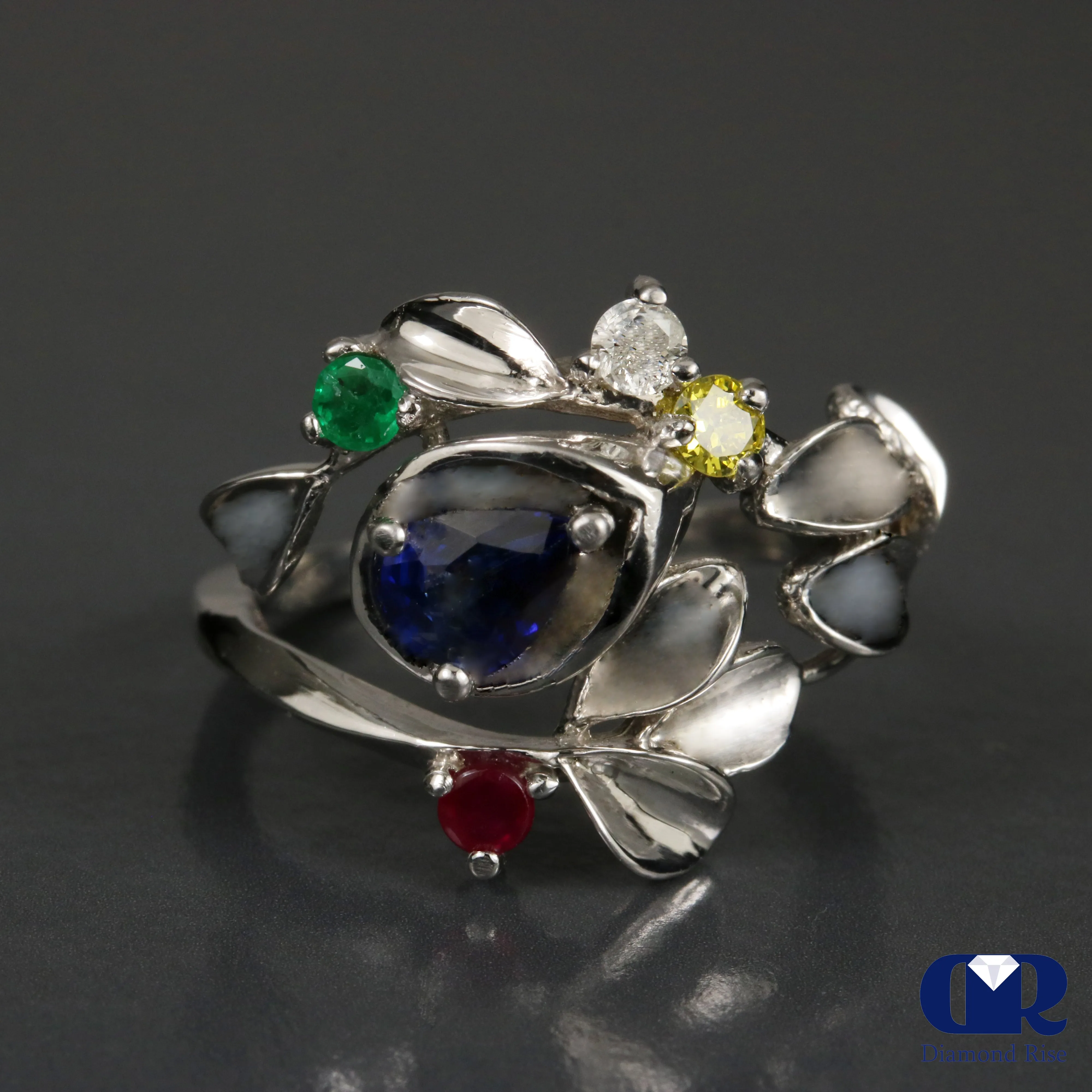 Natural Sapphire Diamond and Gemstone Cocktail Ring Right Hand Ring 14K Gold
