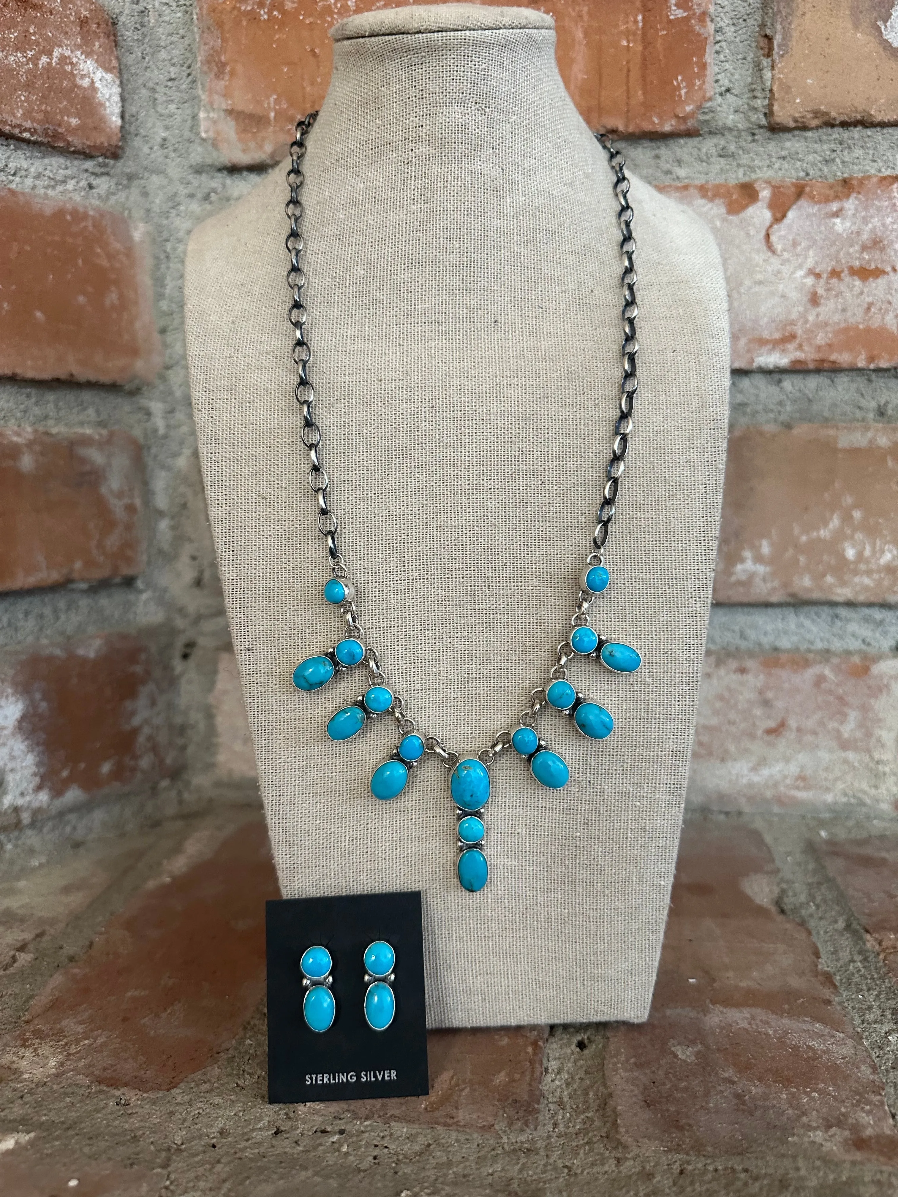 Navajo Sterling Silver & Turquoise Necklace & Earring Set Signed