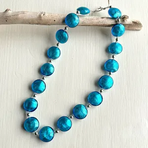 Necklace with turquoise (blue) Murano glass medium (20mm wide) lentil beads on silver