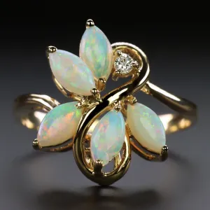 OPAL DIAMOND COCKTAIL RING 14k YELLOW GOLD MARQUISE SHAPE CLUSTER NATURAL ESTATE