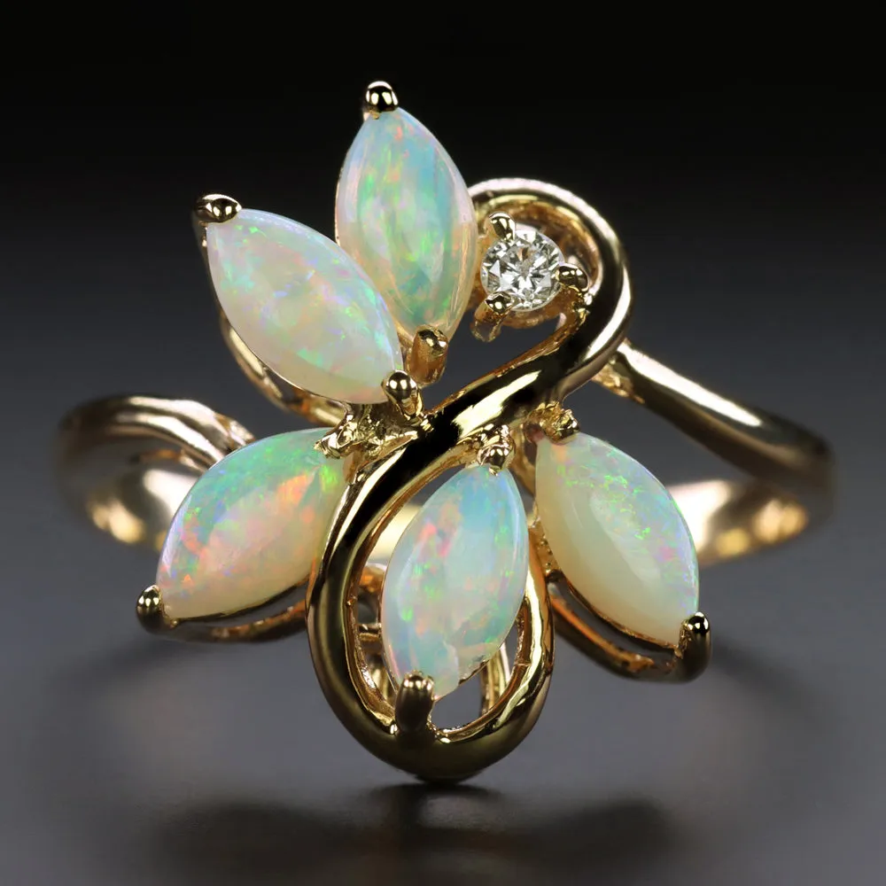 OPAL DIAMOND COCKTAIL RING 14k YELLOW GOLD MARQUISE SHAPE CLUSTER NATURAL ESTATE