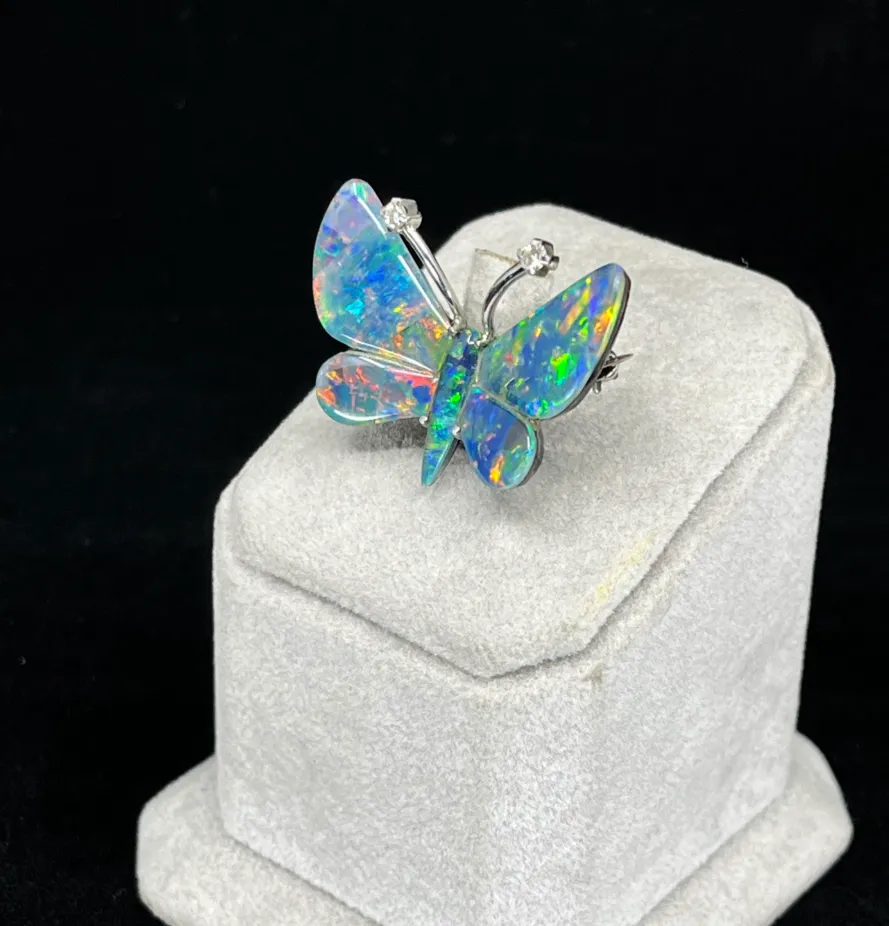 Opal Triplet and Diamond Butterfly Brooch