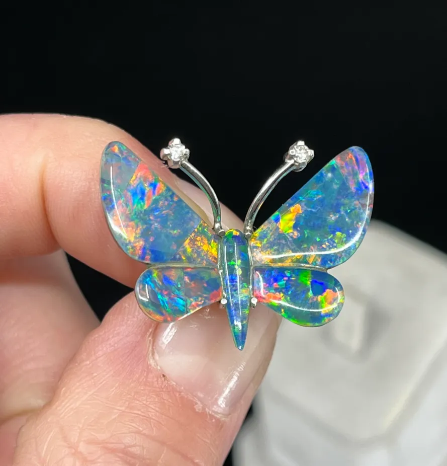 Opal Triplet and Diamond Butterfly Brooch