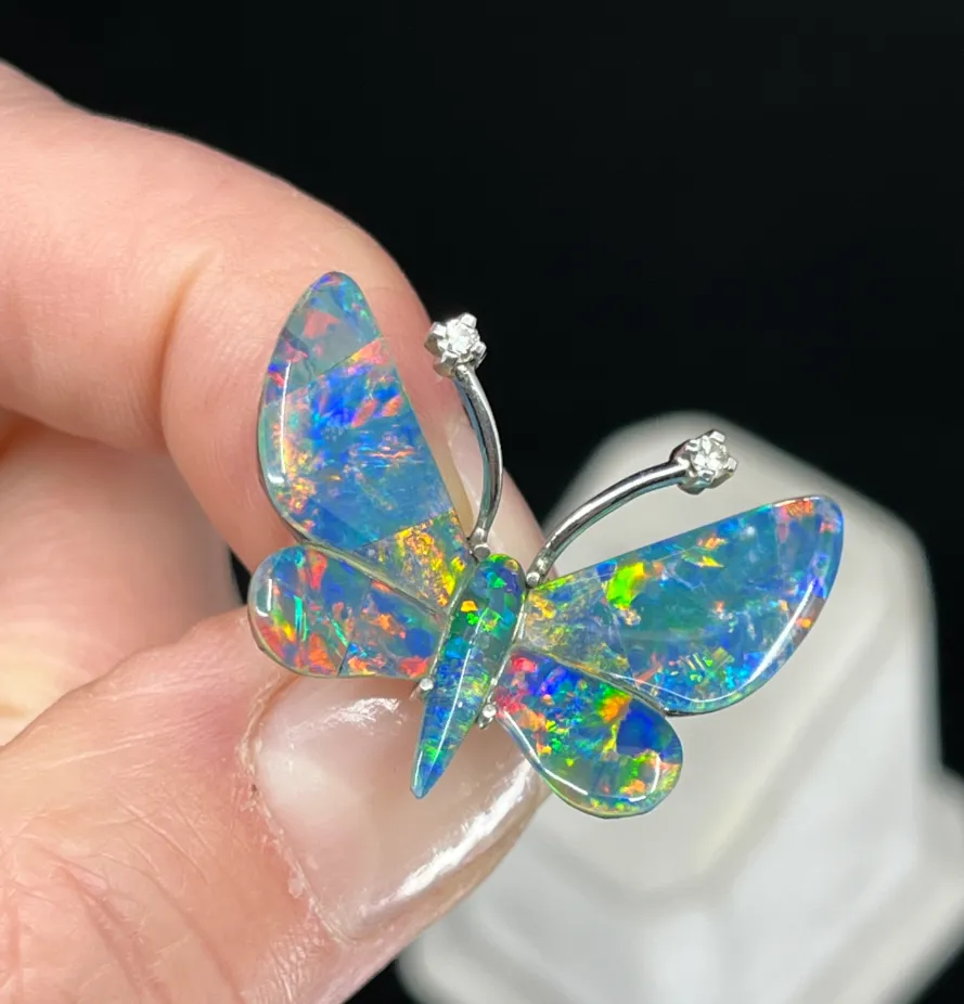 Opal Triplet and Diamond Butterfly Brooch