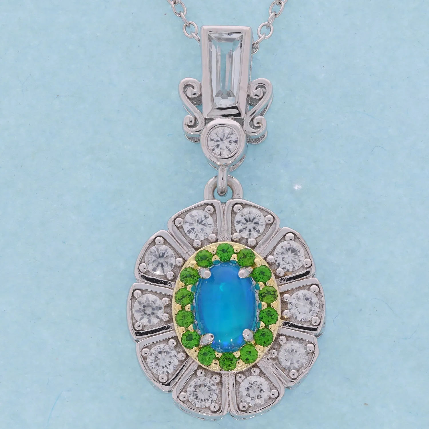 Oval Blue Opal Sterling Silver Pendant with Accent