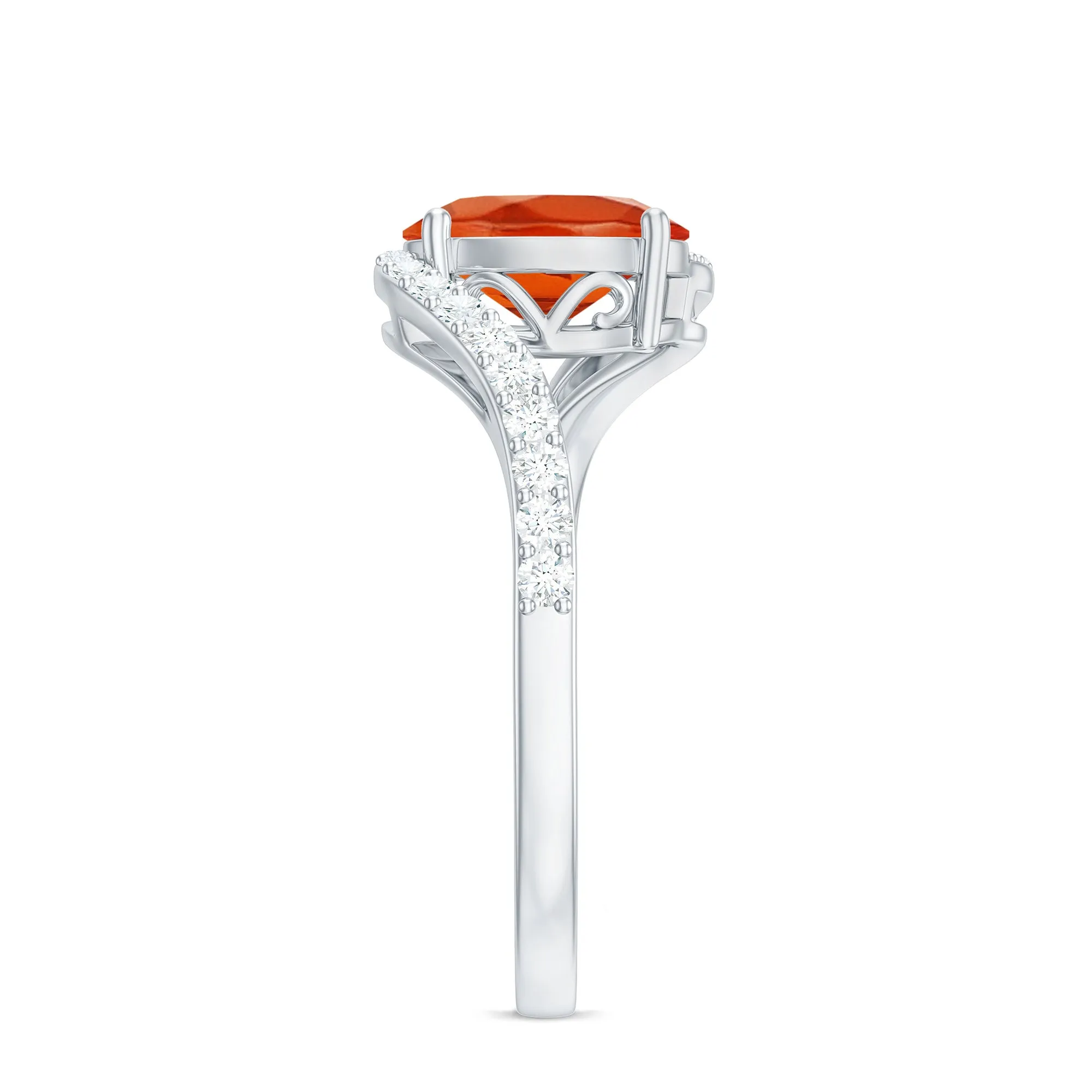 Oval Cut Solitaire Fire Opal and Diamond Bypass Ring