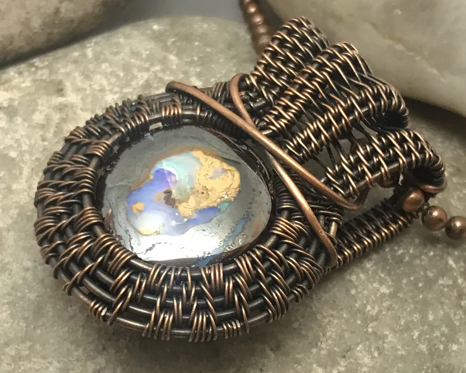 Oxidized Copper Wire Woven Boulder Opal Pendant