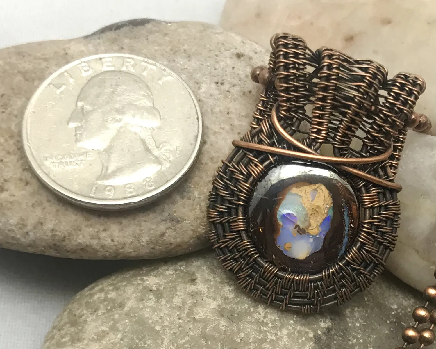 Oxidized Copper Wire Woven Boulder Opal Pendant
