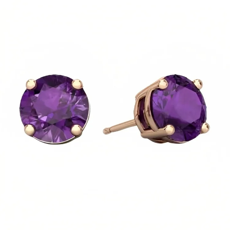 Paris Jewelry 18k Rose Gold 2 Pair Created Amethyst 4mm Round & Princess Cut Stud Earrings Plated