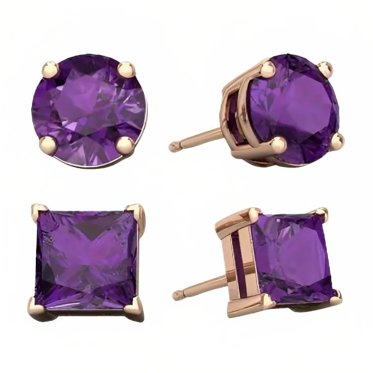 Paris Jewelry 18k Rose Gold 2 Pair Created Amethyst 4mm Round & Princess Cut Stud Earrings Plated