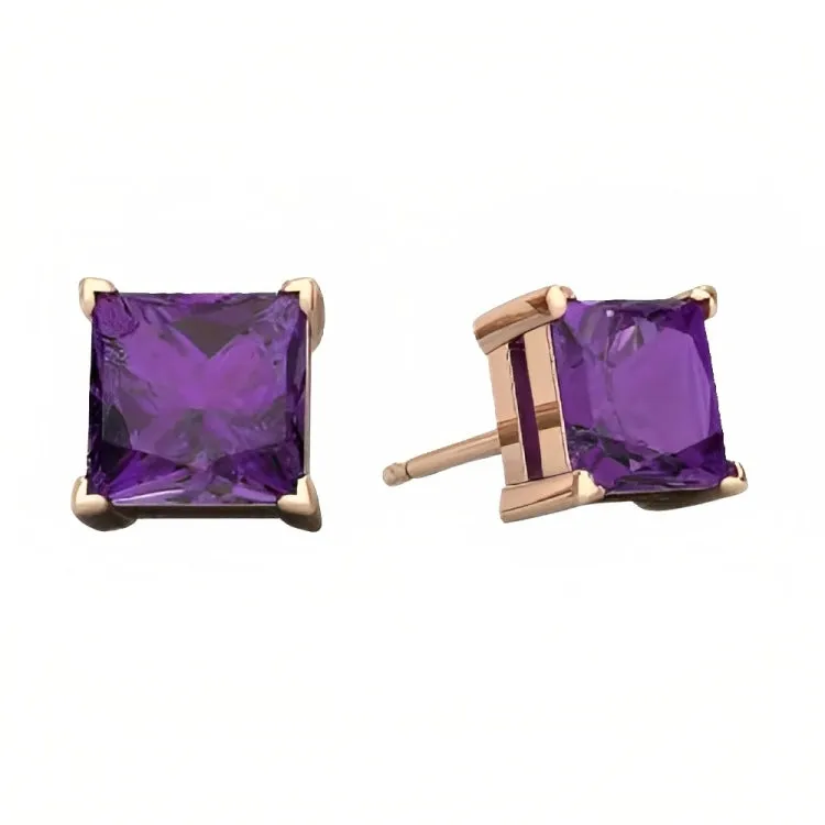 Paris Jewelry 18k Rose Gold 2 Pair Created Amethyst 4mm Round & Princess Cut Stud Earrings Plated