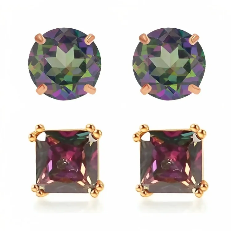Paris Jewelry 18k Rose Gold 2 Pair Created Mystic 6mm Round & Princess Cut Stud Earrings Plated