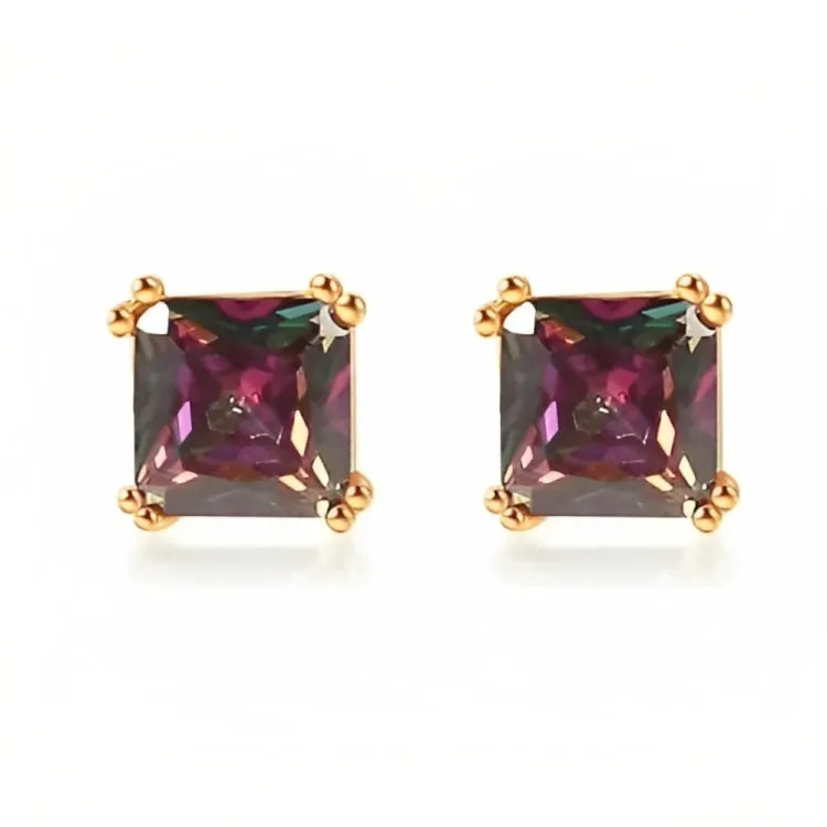 Paris Jewelry 18k Rose Gold 2 Pair Created Mystic 6mm Round & Princess Cut Stud Earrings Plated