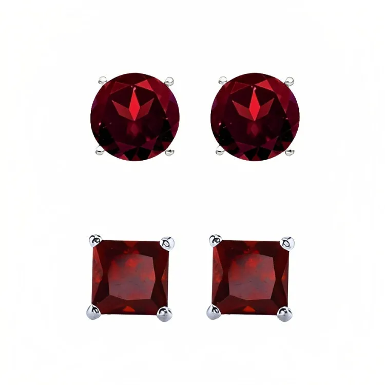 Paris Jewelry 18k White Gold 2 Pair Created Garnet 4mm Round & Princess Cut Stud Earrings Plated