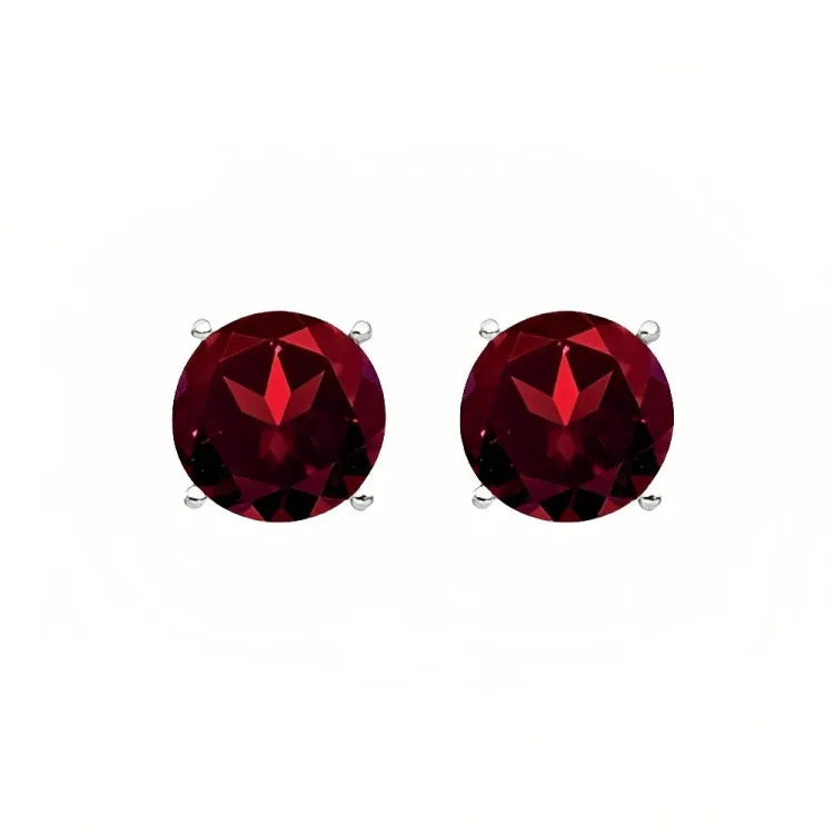 Paris Jewelry 18k White Gold 2 Pair Created Garnet 4mm Round & Princess Cut Stud Earrings Plated
