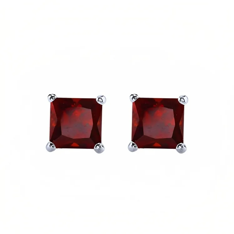 Paris Jewelry 18k White Gold 2 Pair Created Garnet 4mm Round & Princess Cut Stud Earrings Plated
