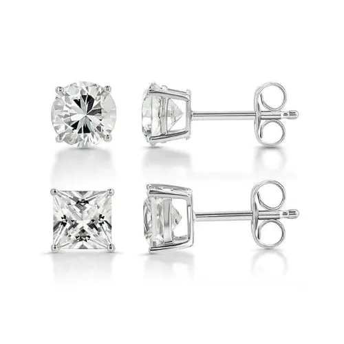 Paris Jewelry 18k White Gold 2 Pair Created White Sapphire 4mm, 6mm Round & Princess Cut Stud Earrings Plated