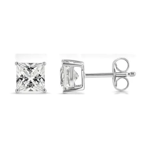 Paris Jewelry 18k White Gold 2 Pair Created White Sapphire 4mm Round & Princess Cut Stud Earrings Plated