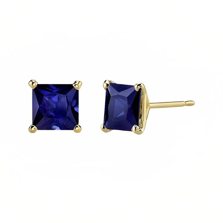 Paris Jewelry 18k Yellow Gold 2 Pair Created Blue Sapphire 6mm Round & Princess Cut Stud Earrings Plated