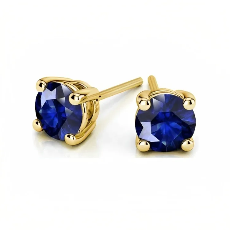 Paris Jewelry 18k Yellow Gold 2 Pair Created Blue Sapphire 6mm Round & Princess Cut Stud Earrings Plated
