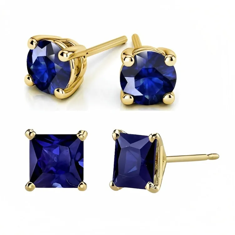Paris Jewelry 18k Yellow Gold 2 Pair Created Blue Sapphire 6mm Round & Princess Cut Stud Earrings Plated