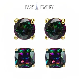Paris Jewelry 18k Yellow Gold 2 Pair Created Mystic 4mm Round & Princess Cut Stud Earrings Plated