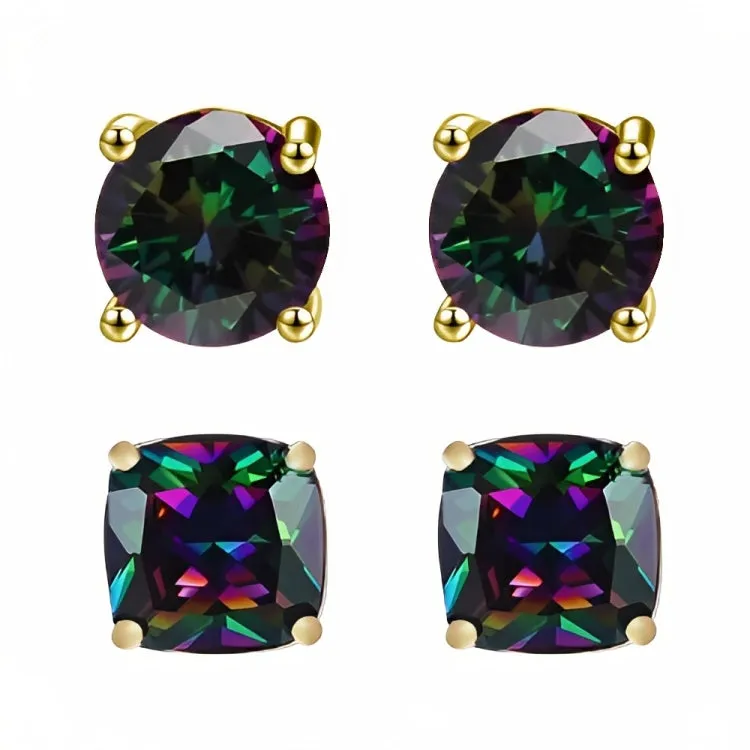 Paris Jewelry 18k Yellow Gold 2 Pair Created Mystic 4mm Round & Princess Cut Stud Earrings Plated